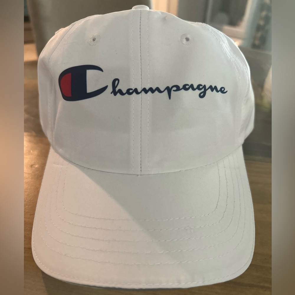“Champagne” White Cap with Blue and Red Logo - Great for Bachelorette Parties!